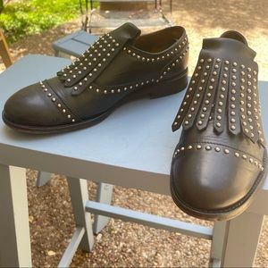 BOEMOS black studded leather kiltie loafer Oxford wingtip size 8 (IT 39) EUC